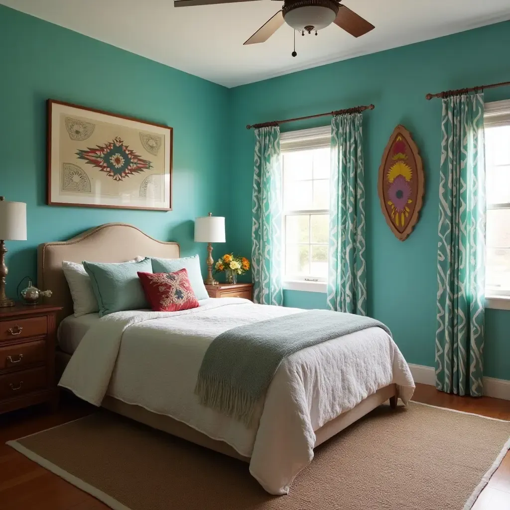 a photo of a vintage-inspired bedroom with turquoise accents and handcrafted Native American decor