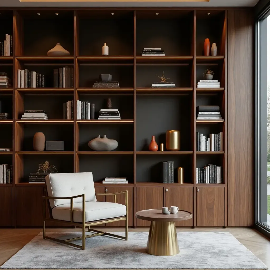 a photo of a contemporary library with metallic accents on furniture