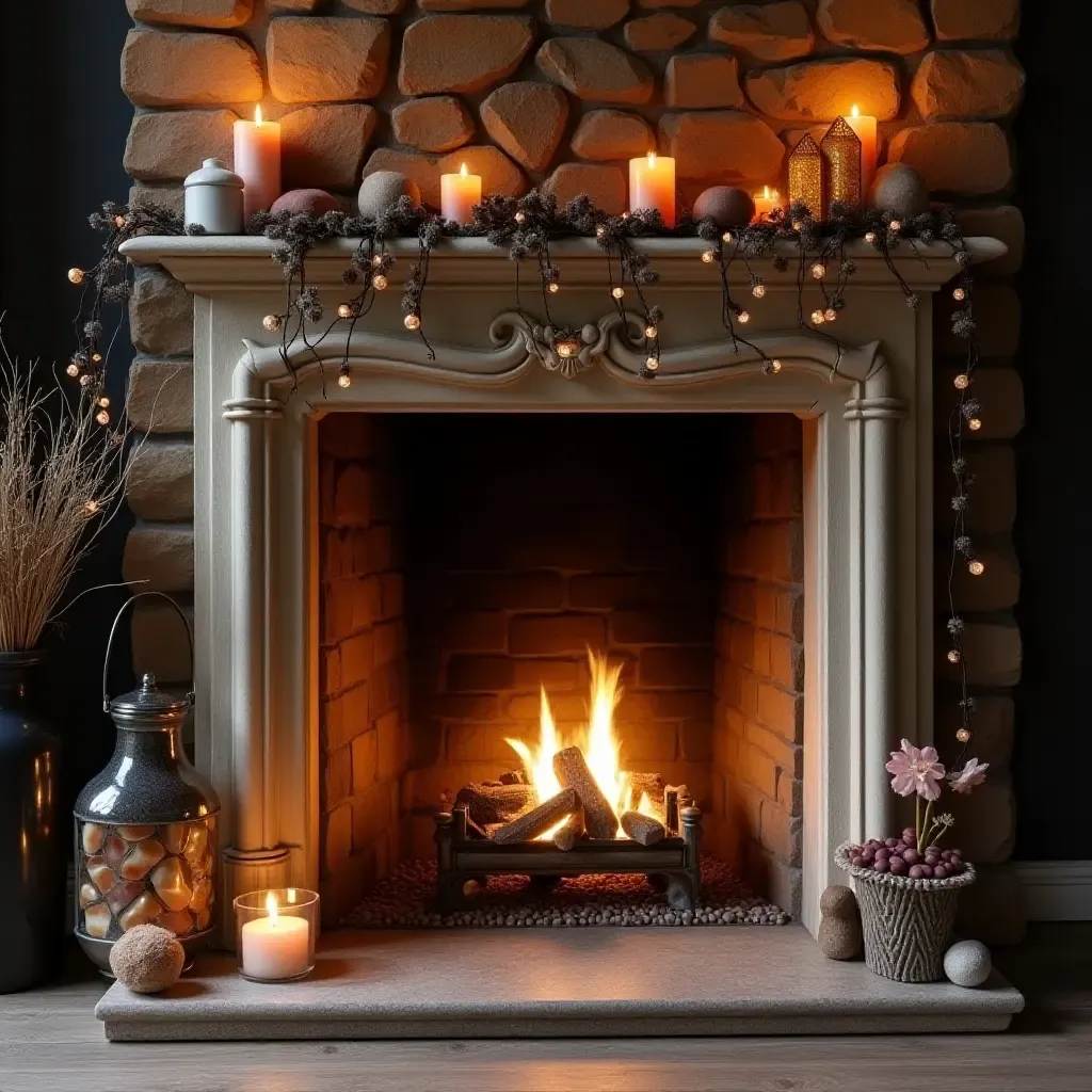 a photo of a fireplace adorned with crystals and witchy decor