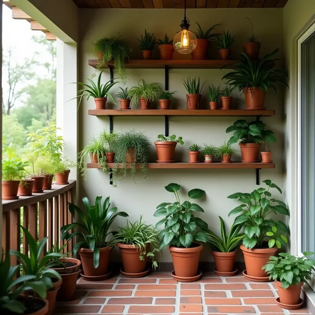 a photo of a balcony with wall-mounted shelves and organized gardening supplies