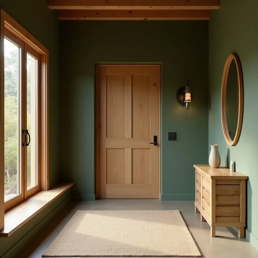 a photo of a rustic olive green and warm tan entryway with natural wood features