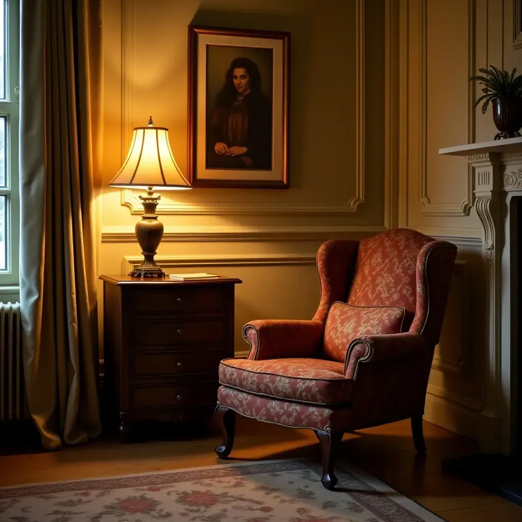 a photo of a cozy seating area with a vintage chair and warm lighting