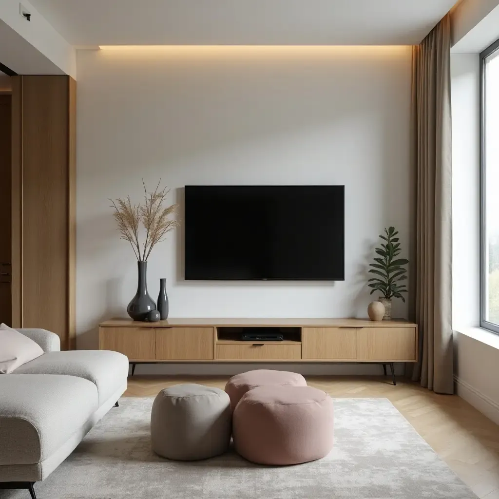 a photo of a TV room with a chic pouf seating option