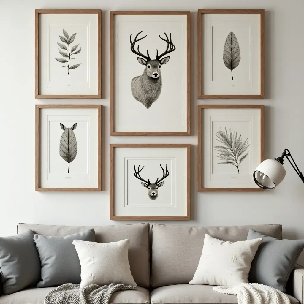 a photo of a rustic gallery wall with wooden frames and nature-themed art