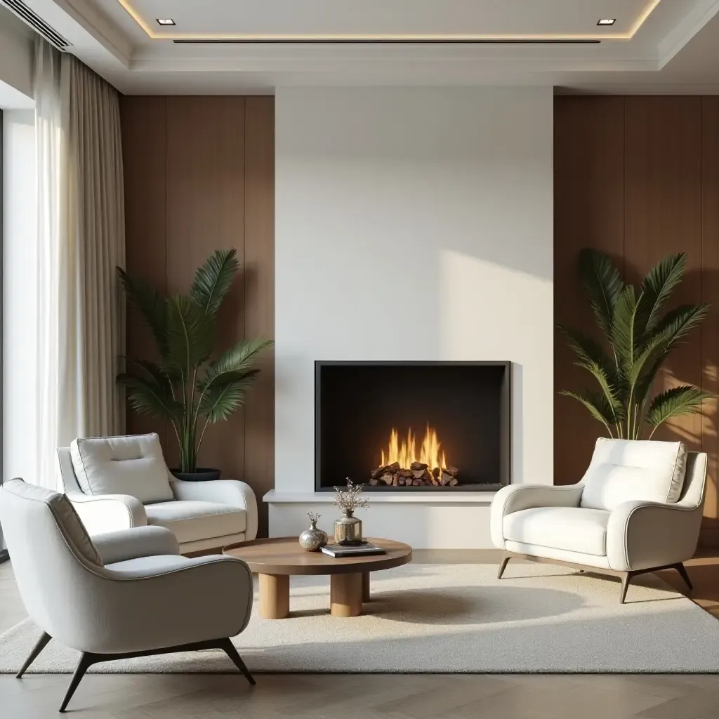 a photo of a contemporary living room with a focal point fireplace