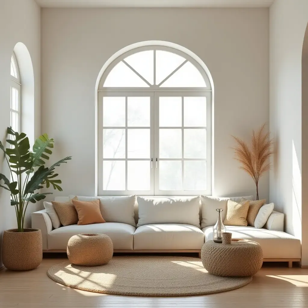 a photo of a living room featuring arched windows and woven baskets