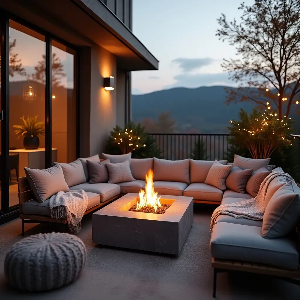 a photo of a chic balcony with a small fire pit and cozy blankets