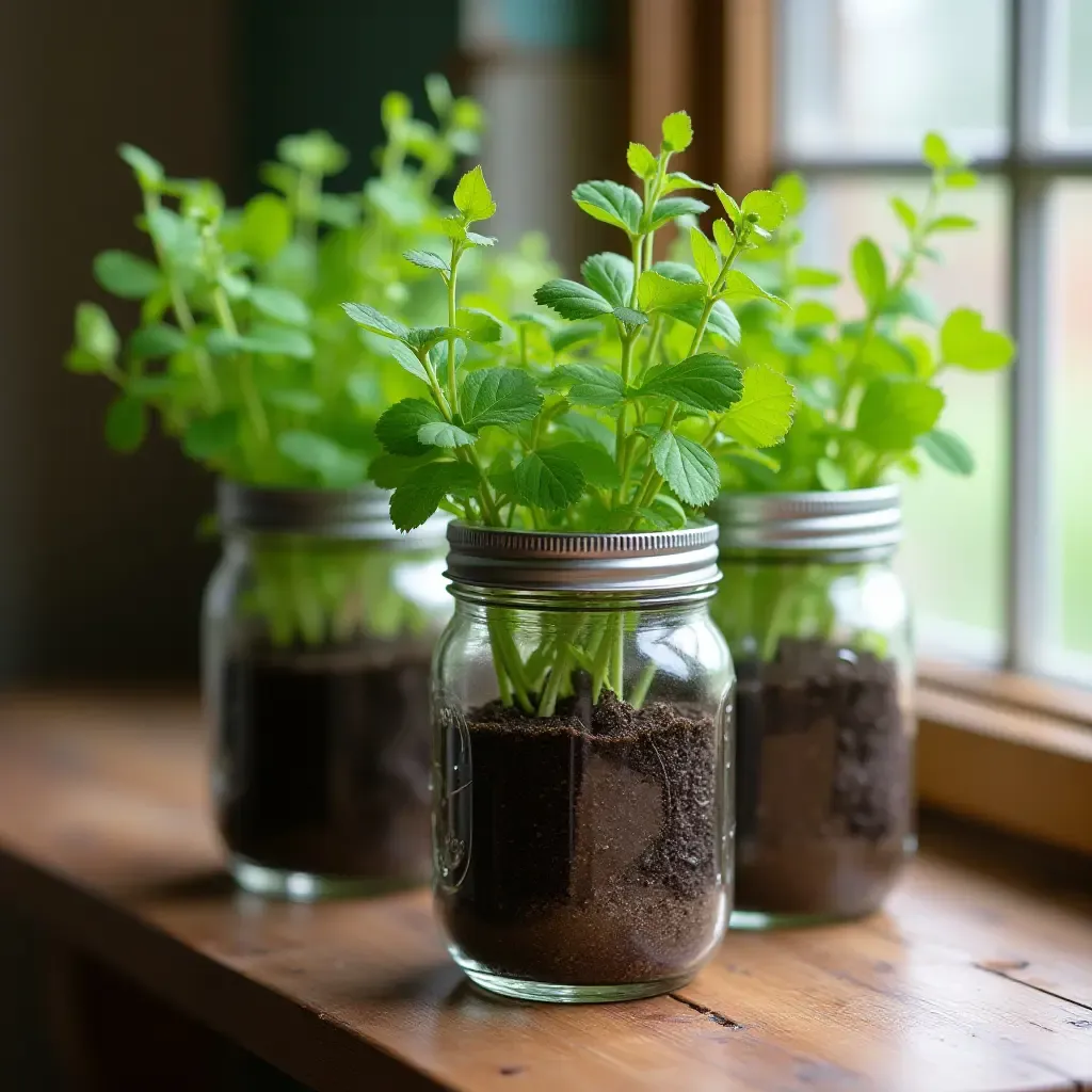 a photo of a charming herb garden in mason jars