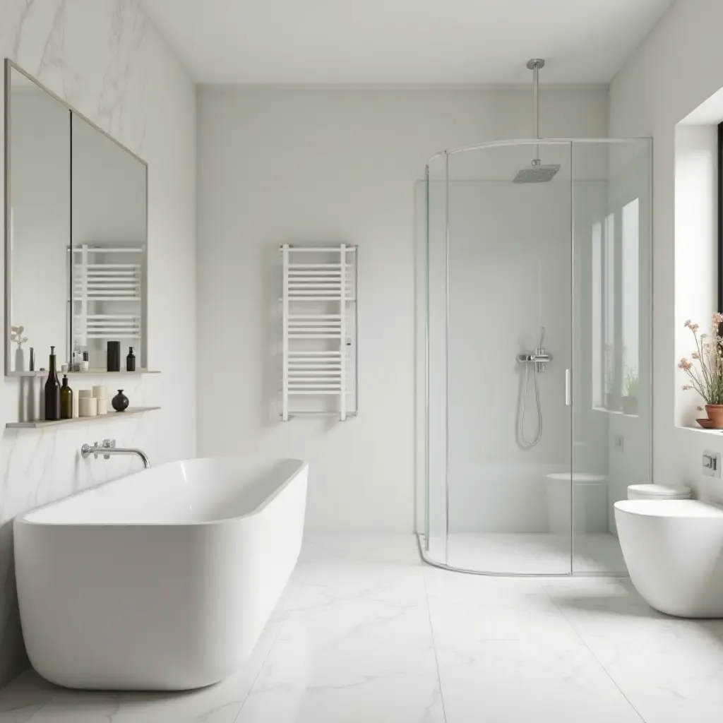 a photo of a minimalist bathroom showcasing a seamless design and functionality