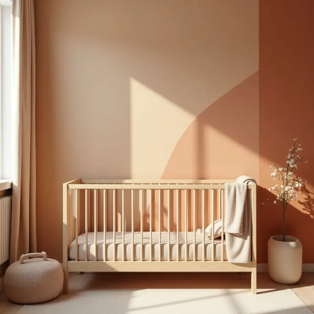 a photo of a nursery showcasing warm terracotta and soft cream