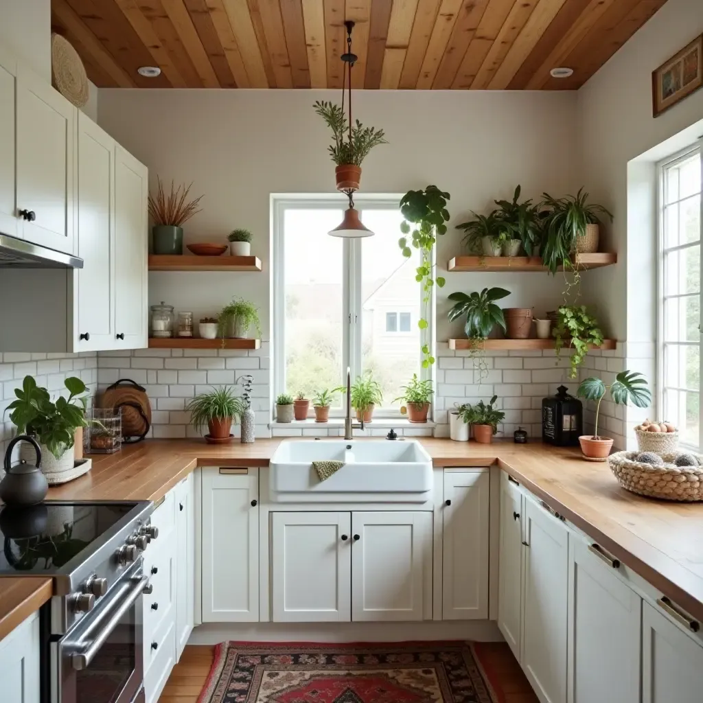 a photo of a bright boho kitchen with hanging plants and rustic decor