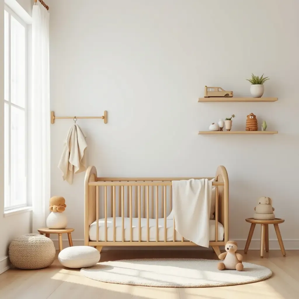 a photo of a cozy nursery featuring wooden toys