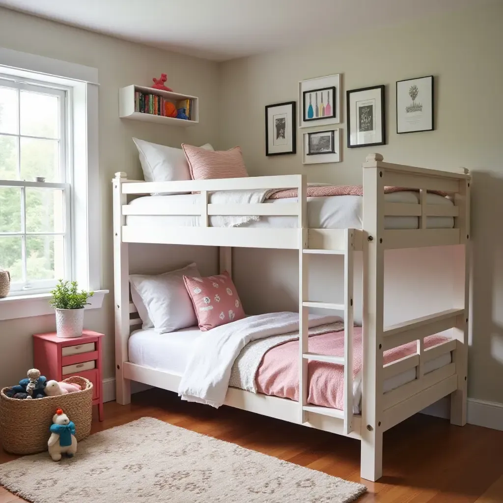 a photo of a playful bedroom featuring a farmhouse-style bunk bed and colorful decor