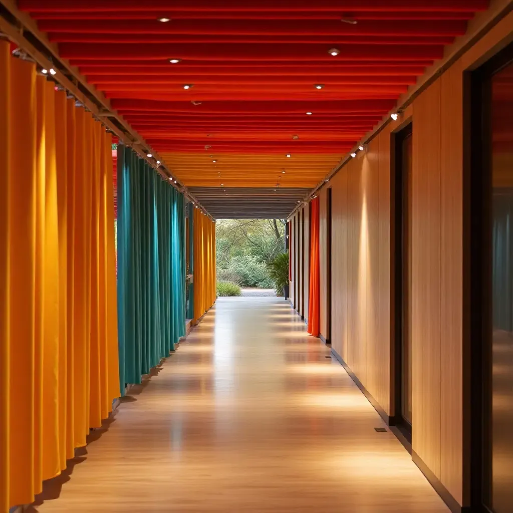 a photo of a vibrant corridor featuring colorful fabric, natural wood, and shiny metal