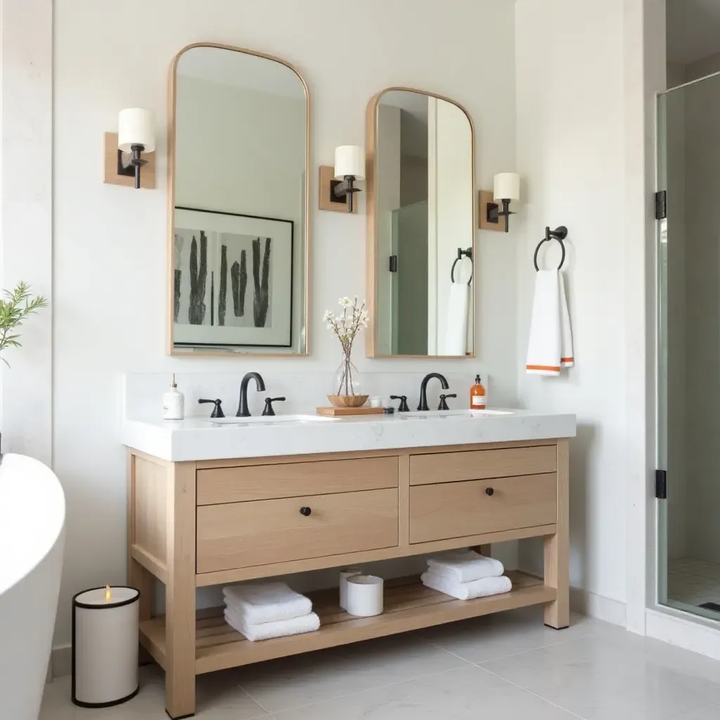 a photo of a functional bathroom vanity with organized storage and stylish decor