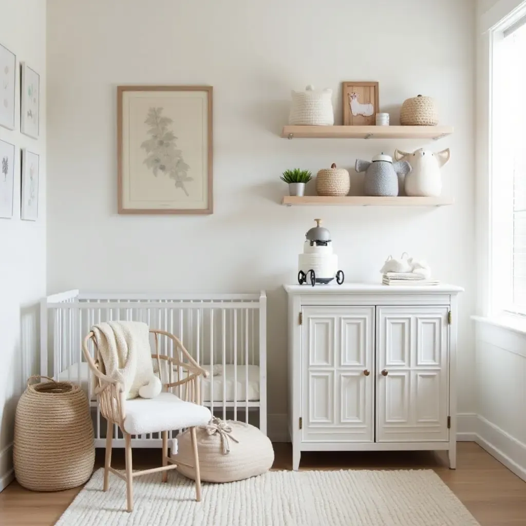 a photo of a nursery with a chic, organized baby gear station