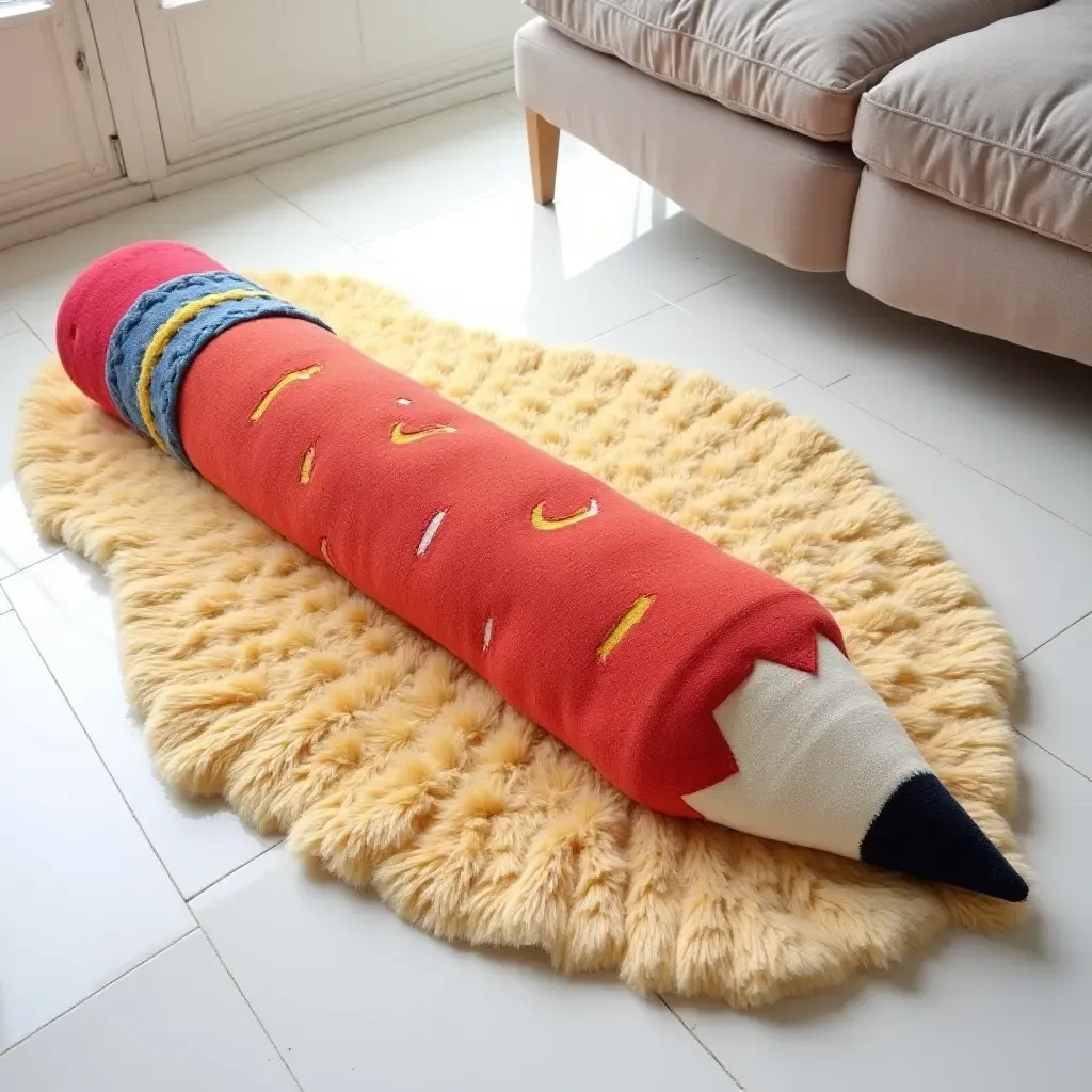 a photo of a rug shaped like a giant pencil for creative kids