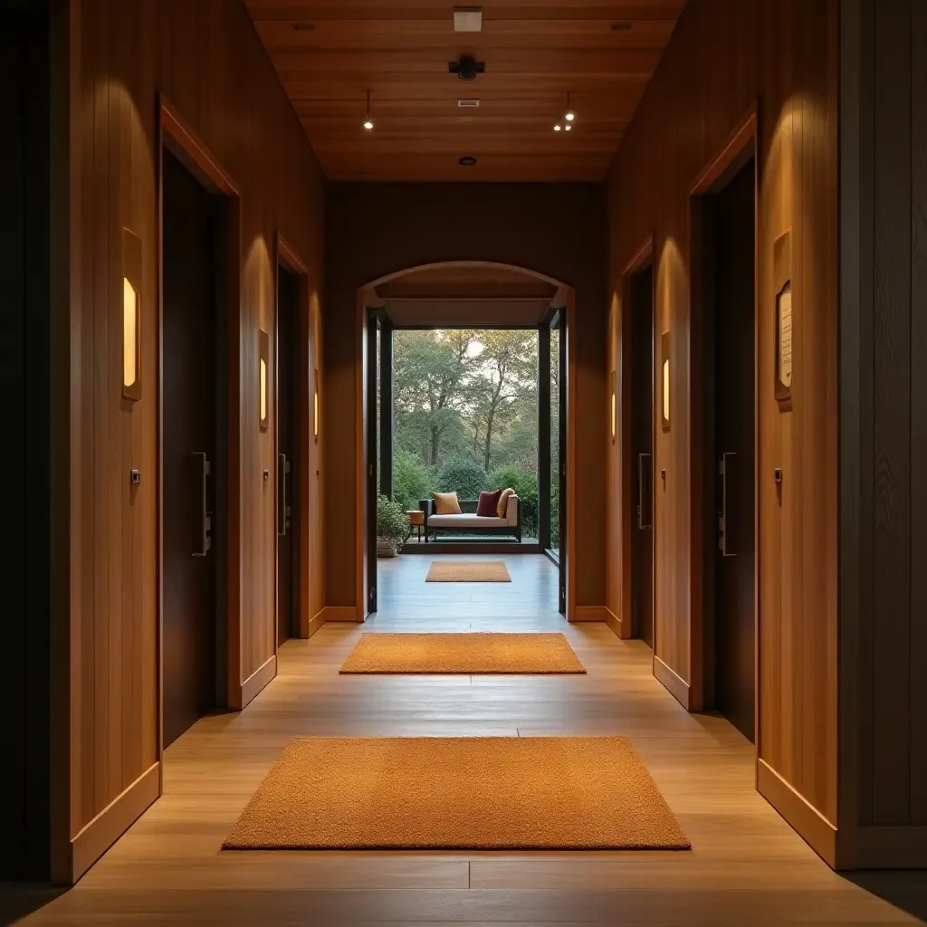 a photo of a wooden welcome mat in a cozy corridor