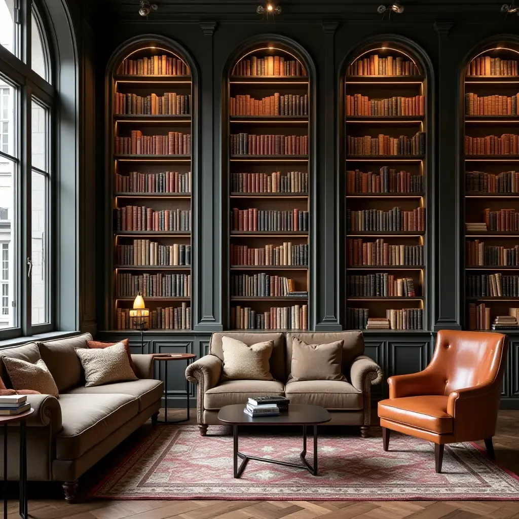 a photo of a library featuring an eclectic mix of frames