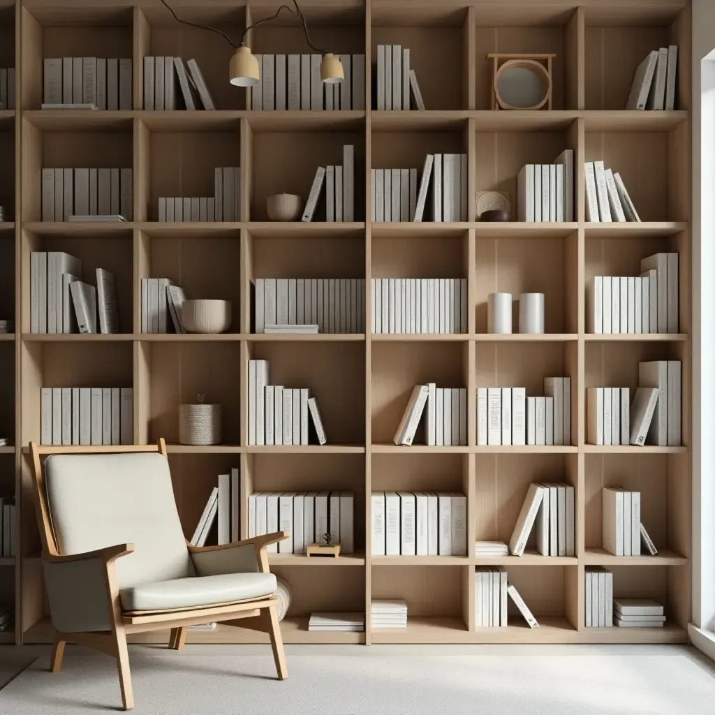 a photo of a library with a Scandinavian design, showcasing simplicity and functionality