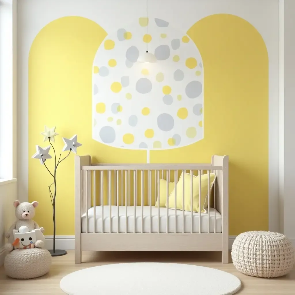 a photo of a nursery featuring cheerful yellow and soft gray