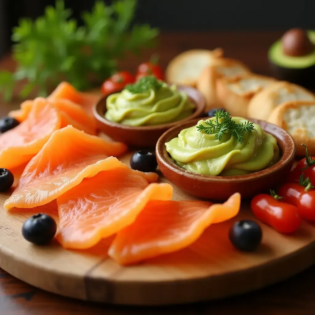 a photo of elegant Portuguese petiscos platter with smoked salmon and avocado mousse