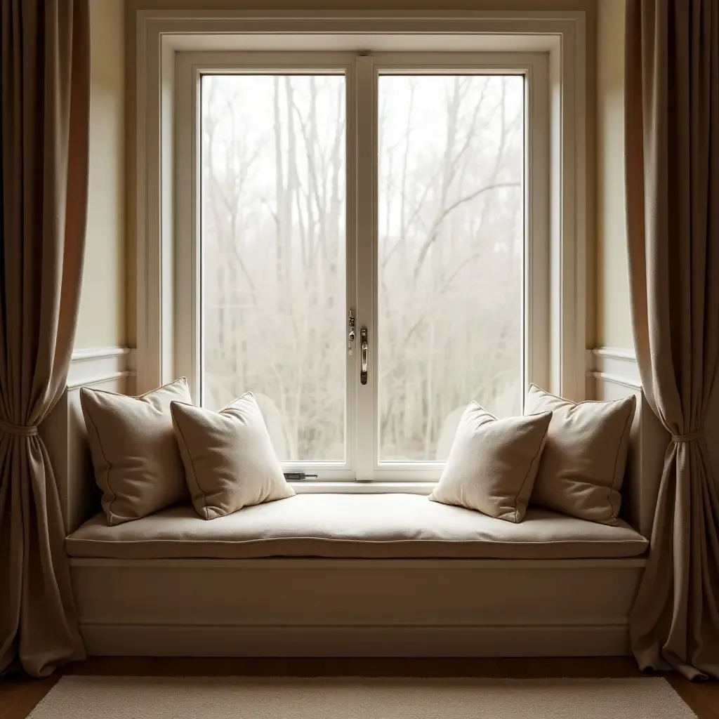 a photo of a cozy window seat with cushions and soft lighting