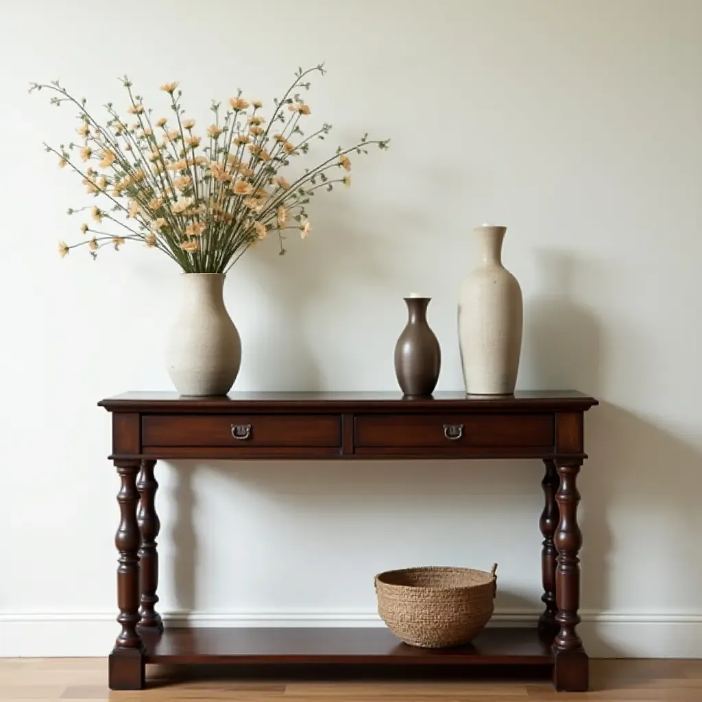 a photo of a colonial-style console table with decorative accents and fresh flowers