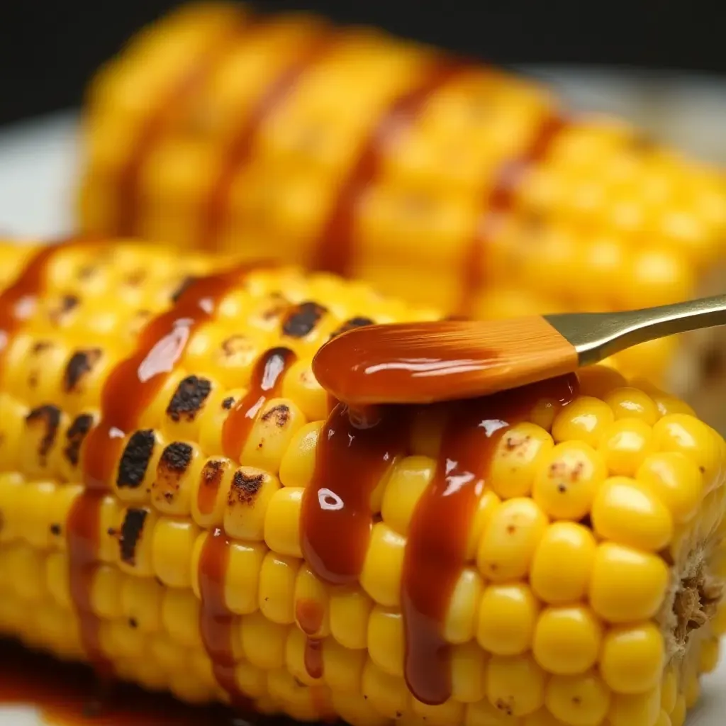 a photo of soy sauce brushed on grilled corn on the cob