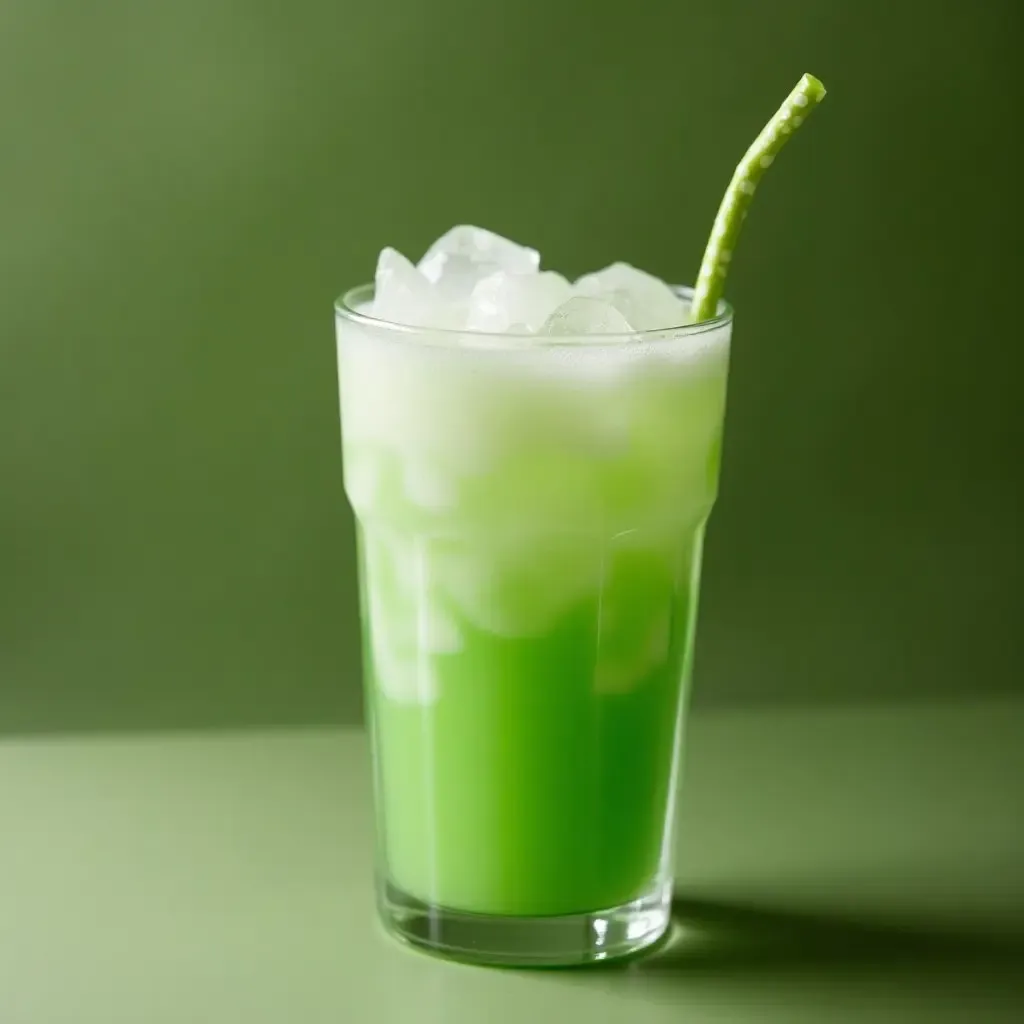 a photo of a refreshing Thai pandan leaf juice with coconut milk and ice.