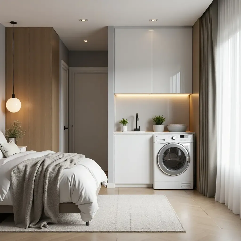 a photo of a trendy bedroom with a stylish laundry solution