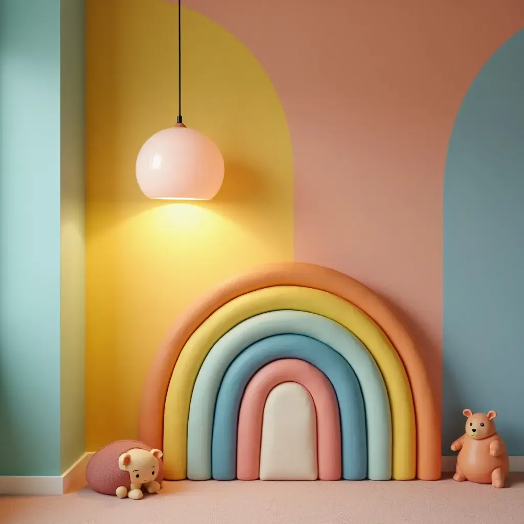 a photo of a pendant light with a rainbow design in a colorful nursery