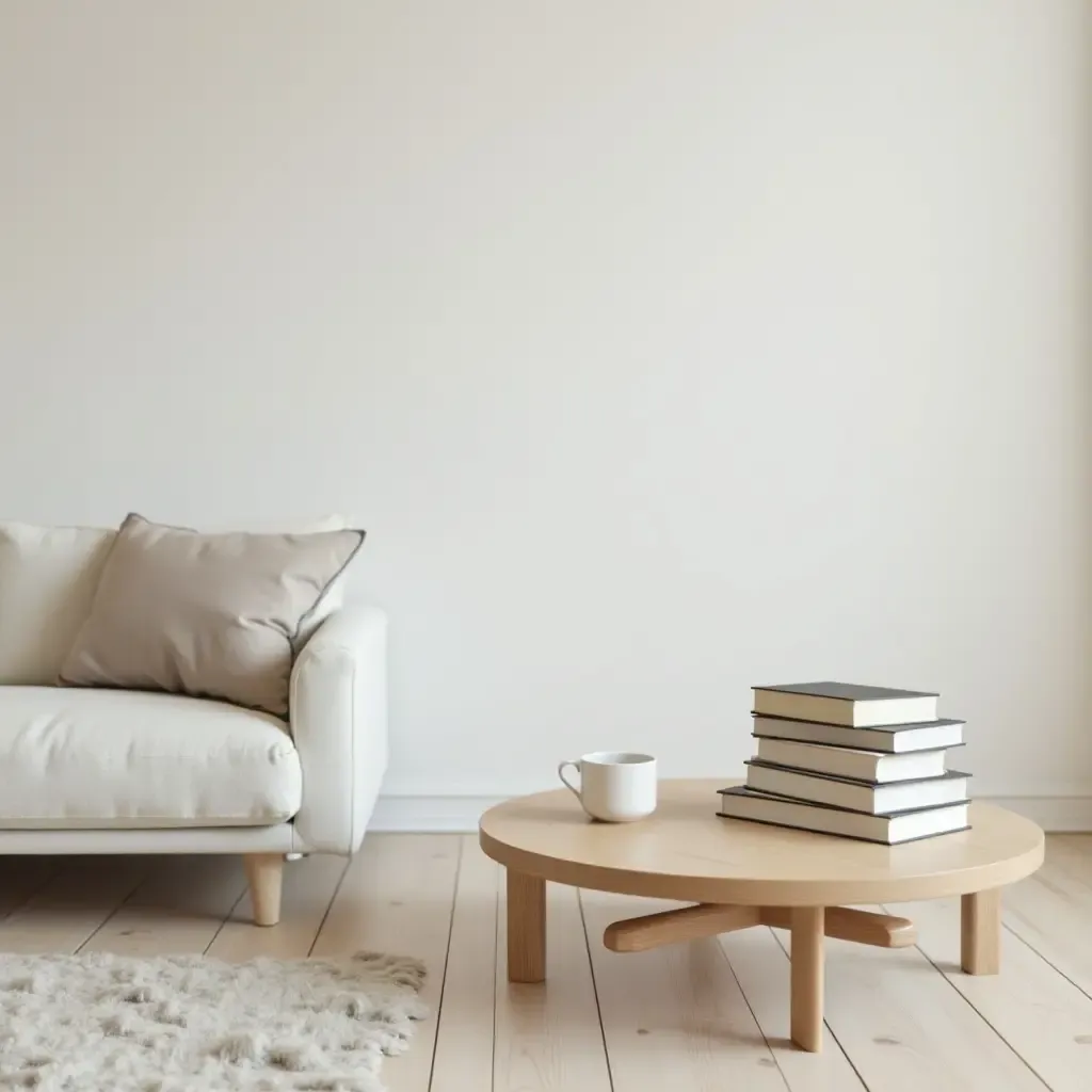 a photo of a tranquil space with a minimalist coffee table and books