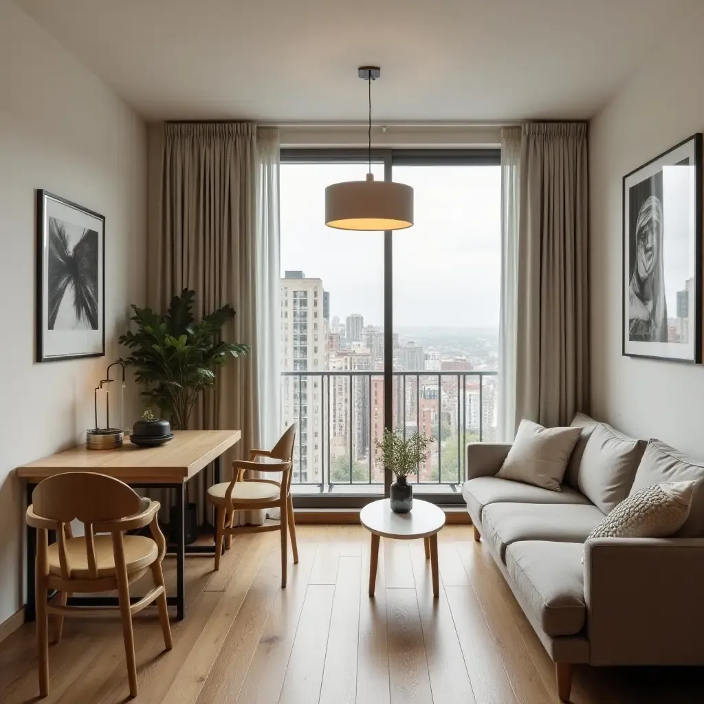 a photo of a small living room dining room combo with a foldable dining table