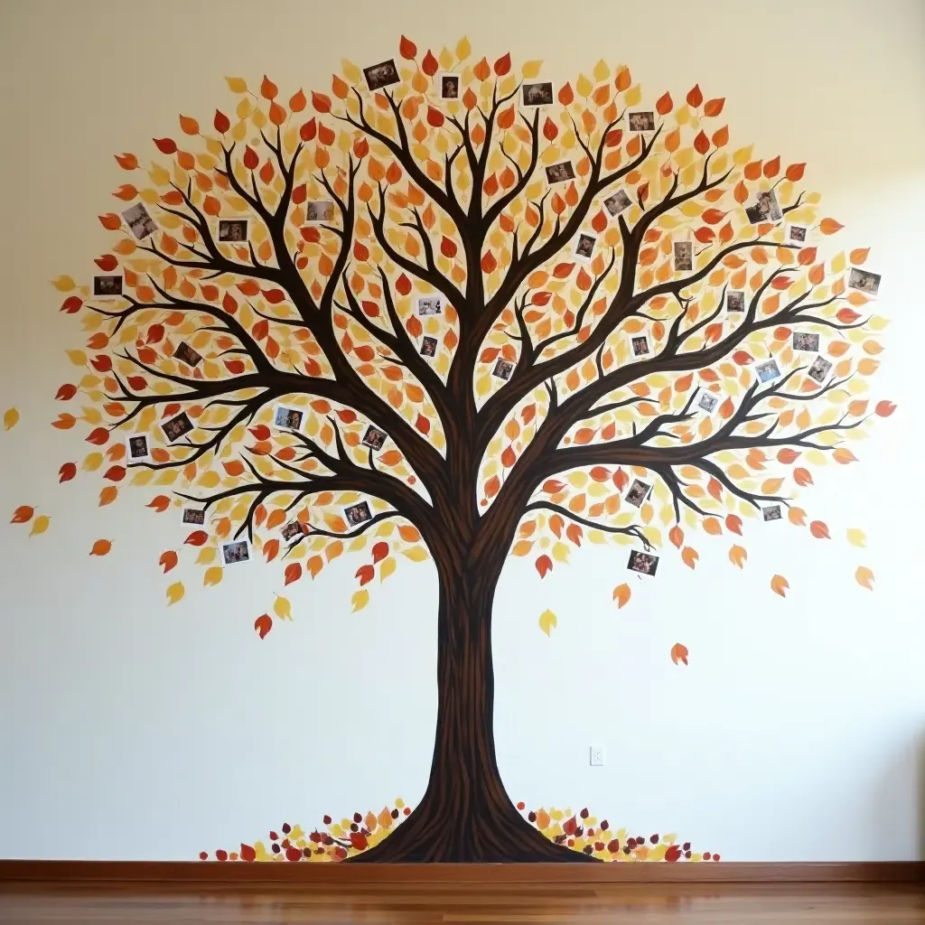 a photo of a tree mural with family member photos as leaves