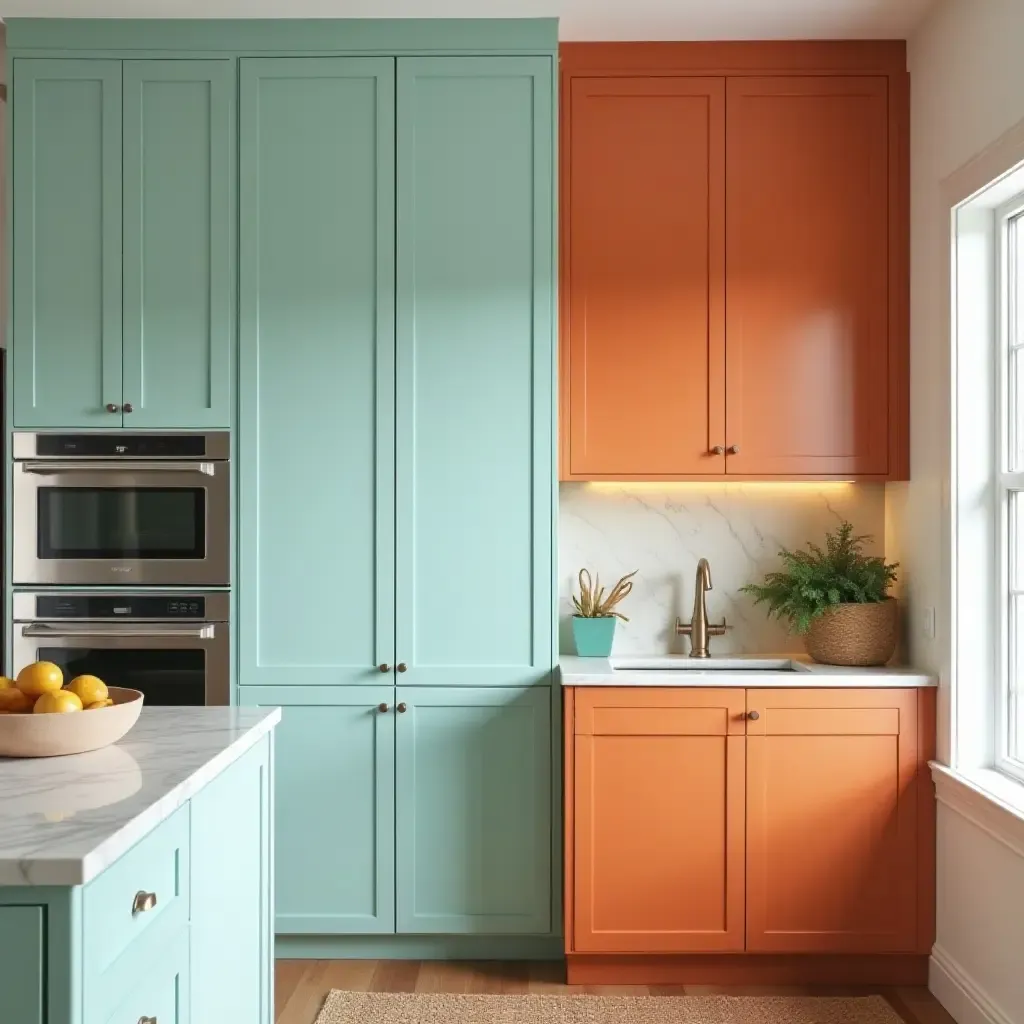 a photo of turquoise and burnt orange cabinets in a beach house