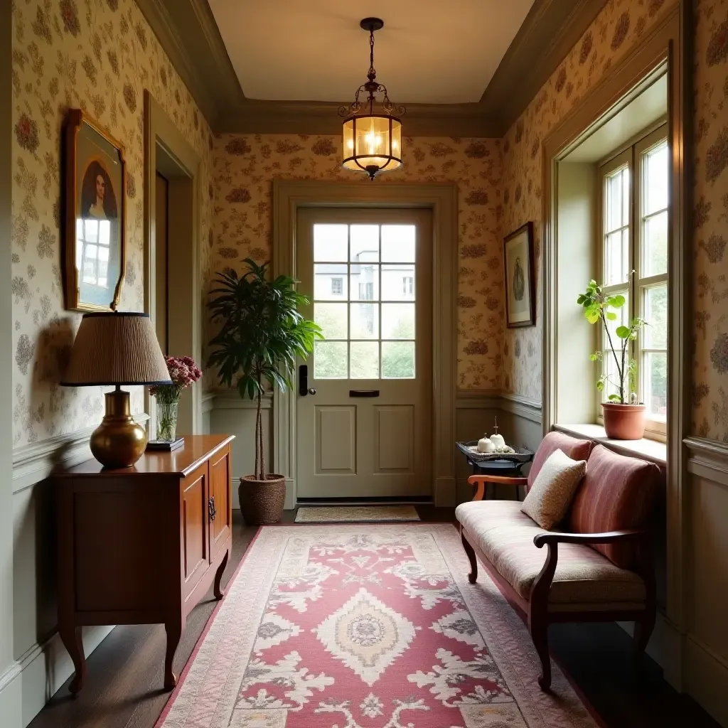 a photo of a warm, inviting entrance hall with vintage wallpaper and decor