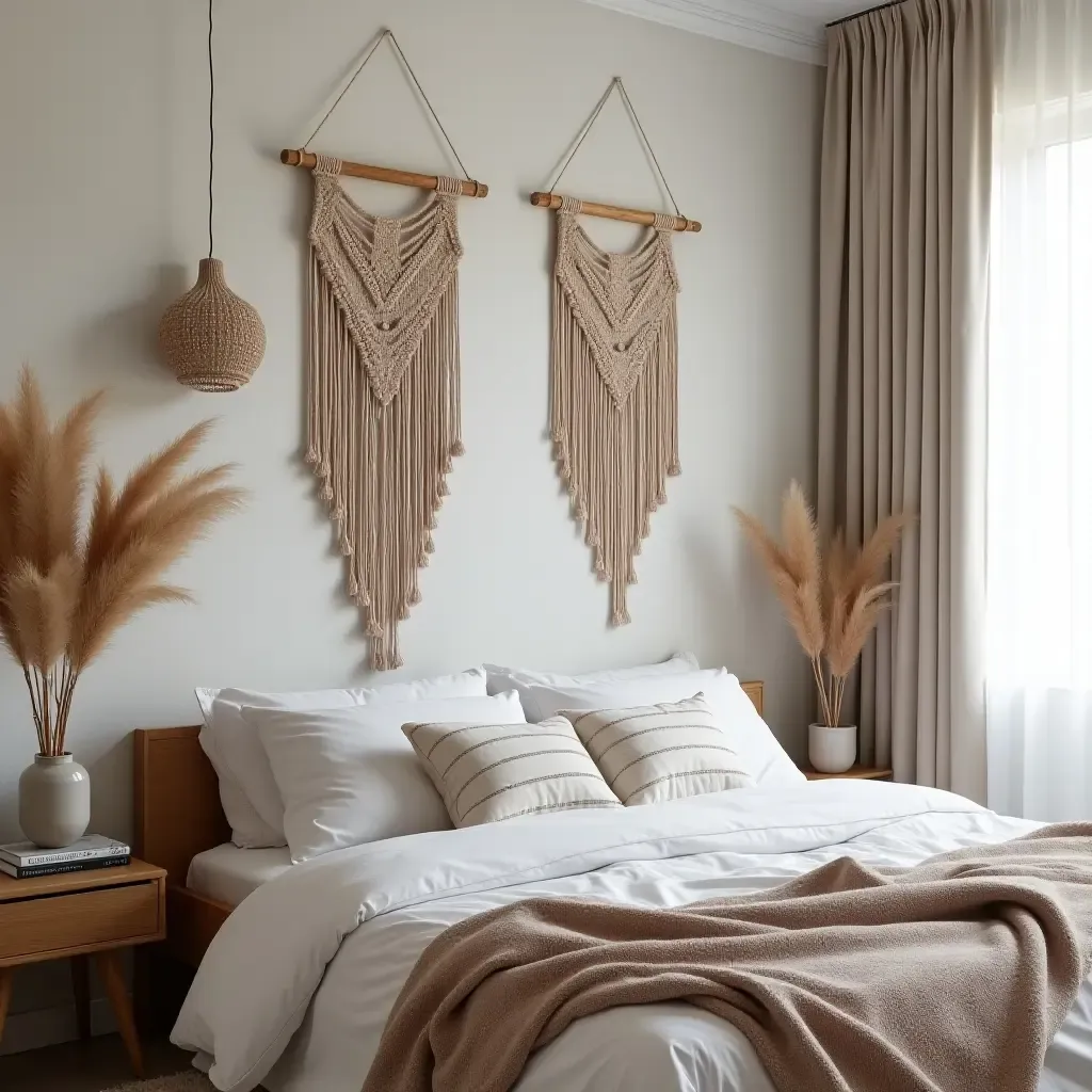 a photo of a bedroom with macrame wall hangings and layered textiles