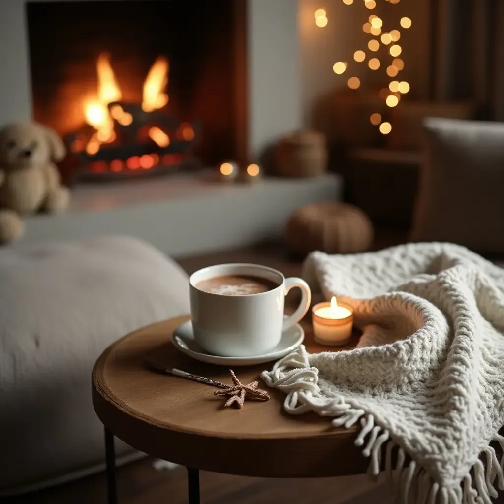 a photo of a cozy coffee table setting with a throw blanket and hot cocoa