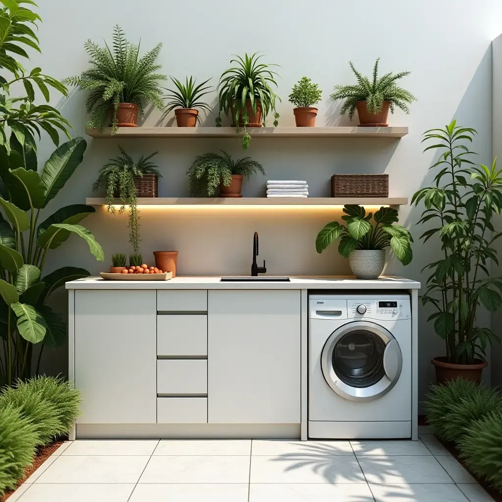 a photo of a modern outdoor laundry area with sleek cabinets and vibrant plants