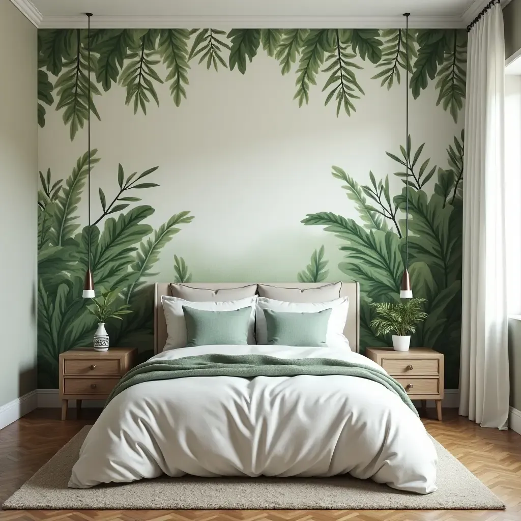 a photo of a bedroom with a plant-themed mural or wallpaper