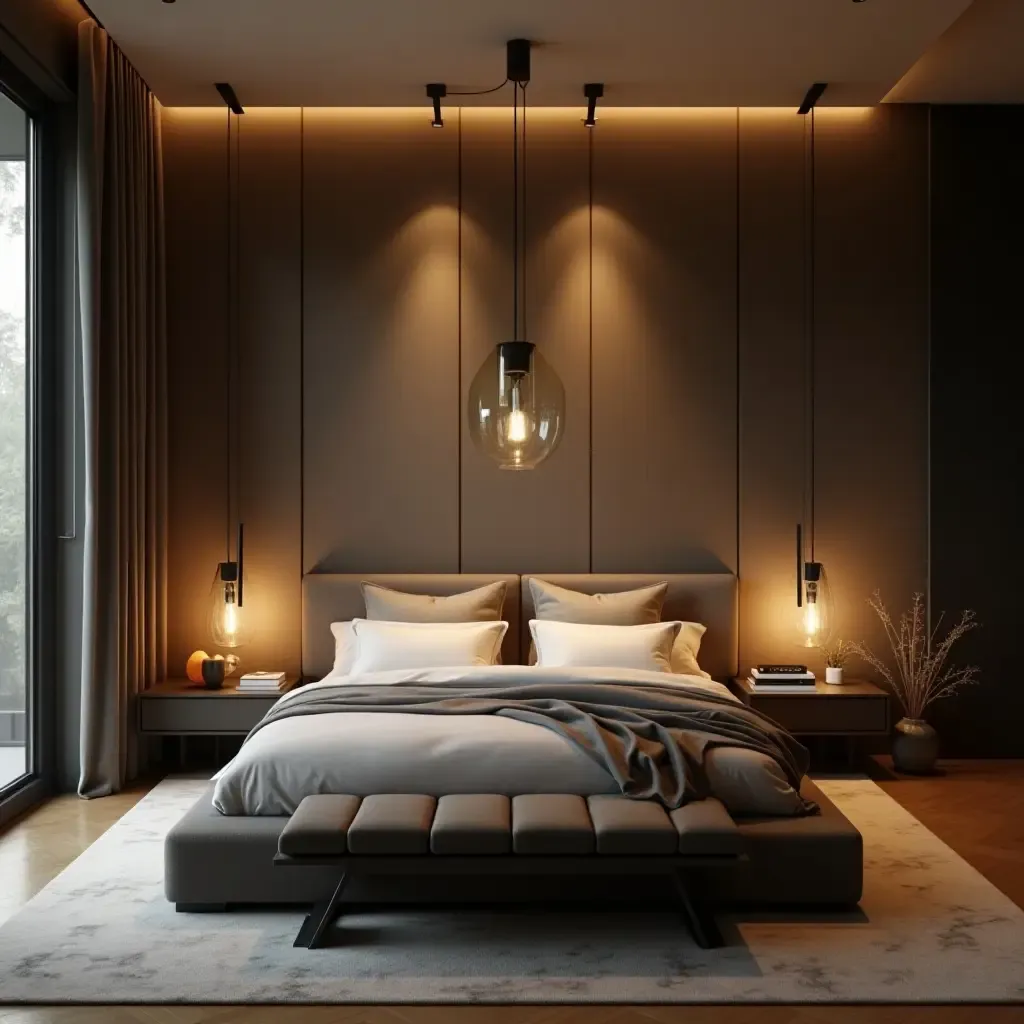 a photo of a luxury bedroom with oversized pendant lights for dramatic effect