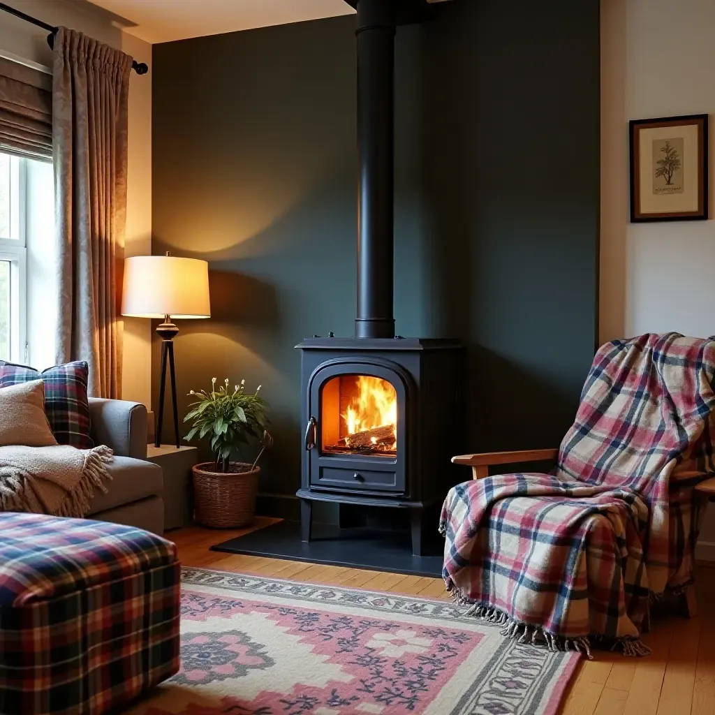 a photo of a living room featuring a wood-burning stove and plaid blankets