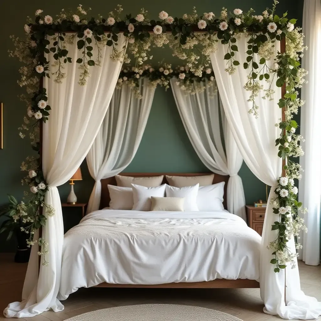 a photo of a dreamy canopy bed draped with trailing vines and flowers