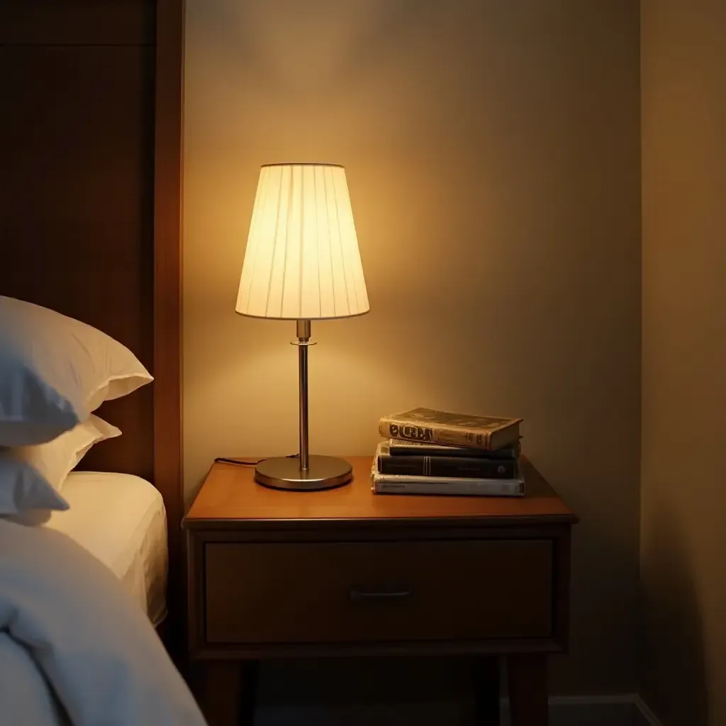 a photo of a retro bedside table with a classic lamp and old books