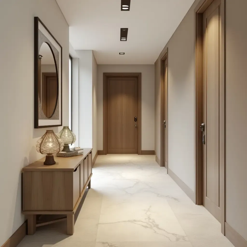 a photo of a stylish hallway with a neutral color scheme and warm accents