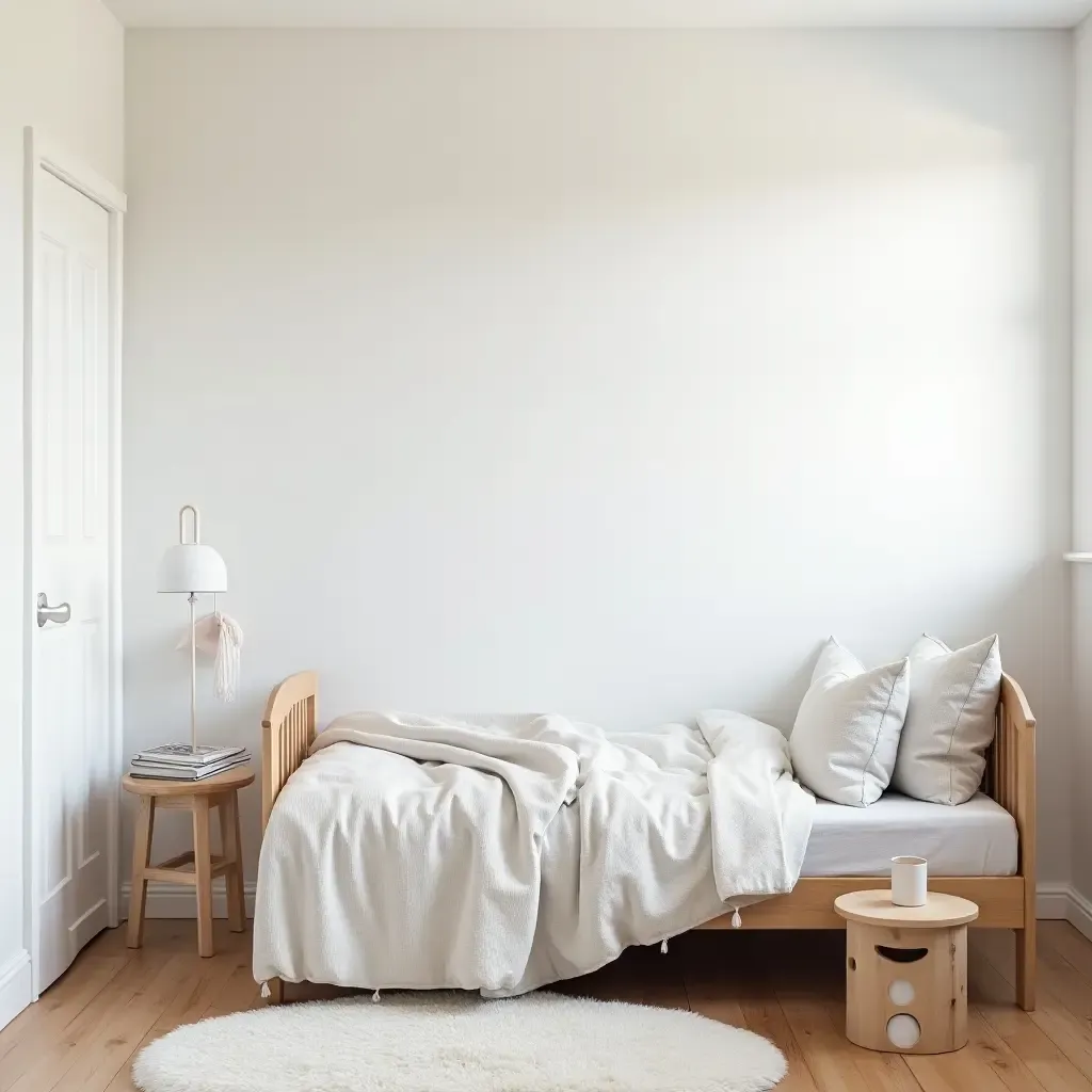 a photo of a teen bedroom with white walls, wooden floors, and Scandinavian textiles