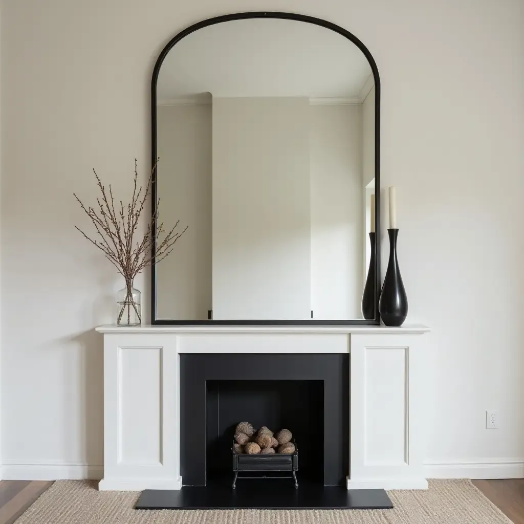 a photo of a large statement mirror creating depth above a mantel