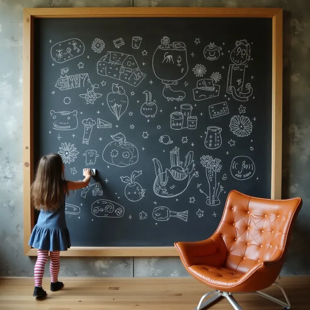 a photo of a playful, interactive wall with a chalkboard for doodling