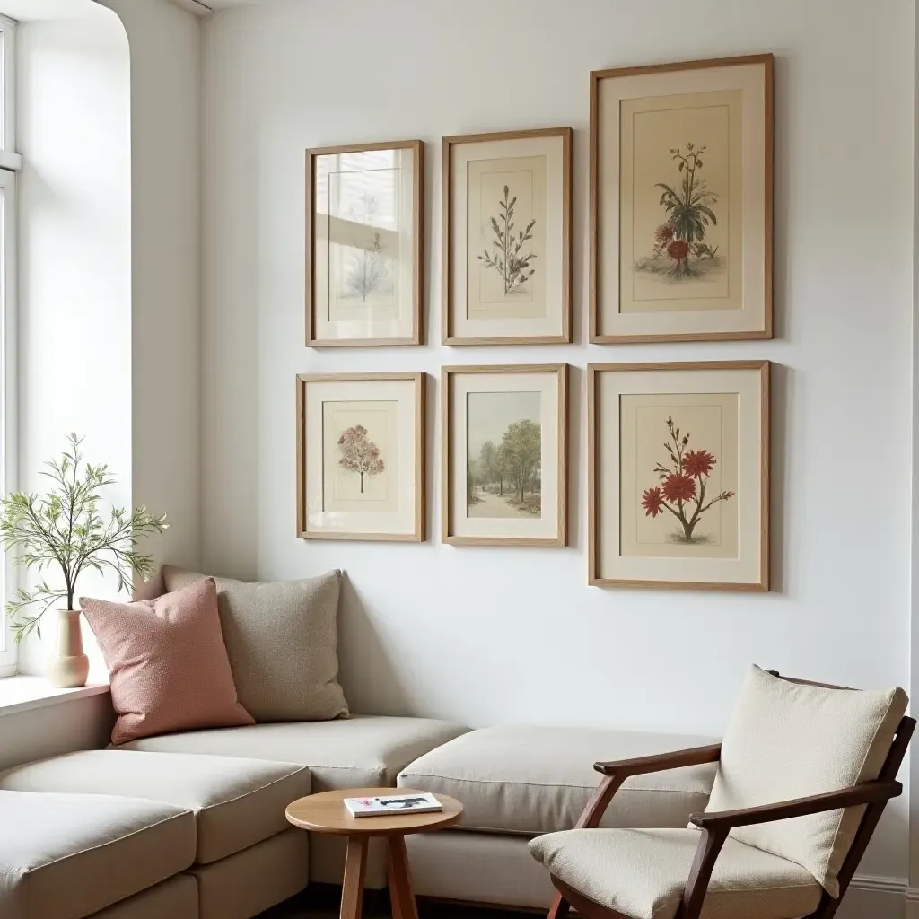 a photo of a charming gallery wall with framed vintage art